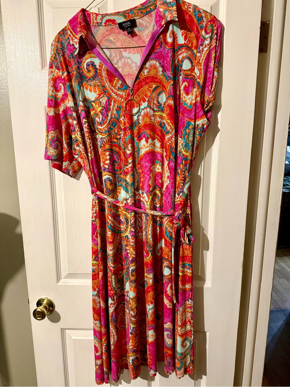 MSK Hot Pink & Orange Paisley Belted Midi Shirt Dress